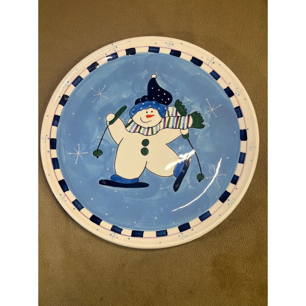Bella Casa by Ganz Skiing Snowman Ceramic Round Serving Platter Blue White 12in